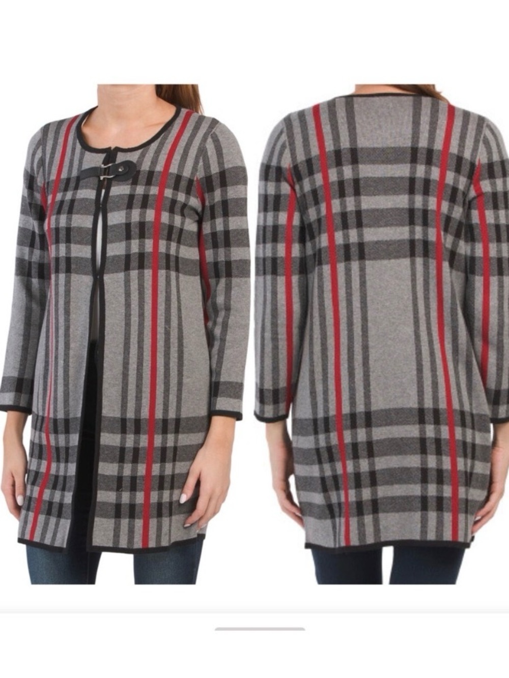 Anne Klein Gray Plaid Long Midi Cardigan Jacket 2X